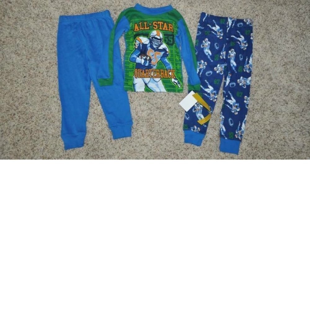 Up late Football Pajamas 4 Boys Blue Green 3 Pc Long Sleeve Shirt & Pants